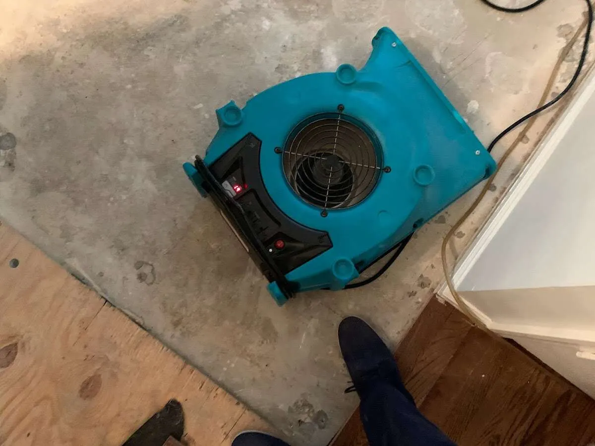 Air mover drying subfloor during Leak Detection & Repair in Ludlow